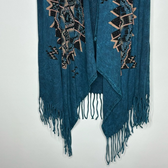 Vocal Turquoise Blue Rhinestone Studded Southwestern Fringe Open Vest - Picture 4 of 16